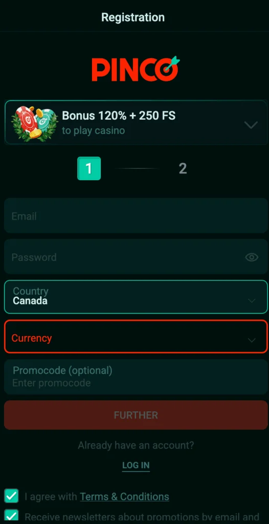 registration in pinco bet